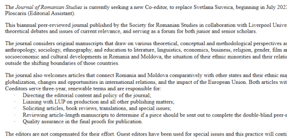 CfP: Call for Coeditor, Journal of Romanian Studies